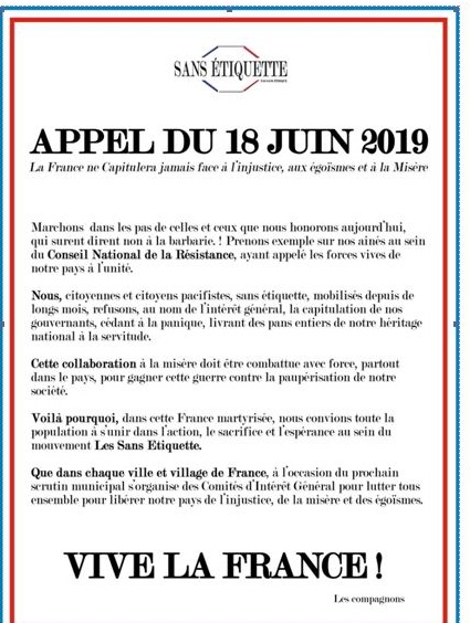 L'appel du 18 juin des "Sans Etiquette"