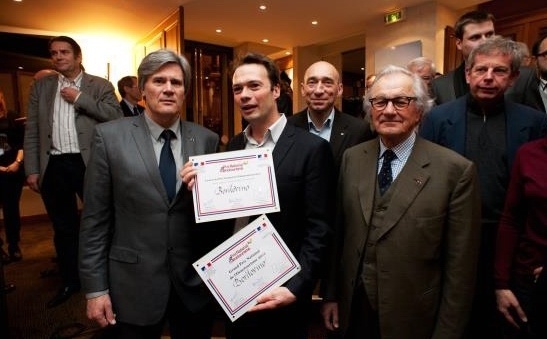 Pierre-Jean Romatet, fondateur de Bordovino, entouré de Stéphane Le Foll, Denis Hennequin et Paul Dubrule