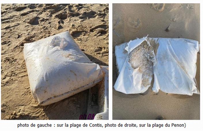 Sacs de pellets de plastique sur les plages landaises