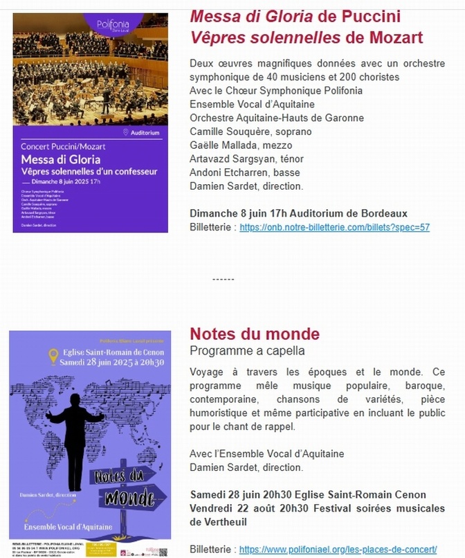 Deux concerts de fin de saison à Polifonia