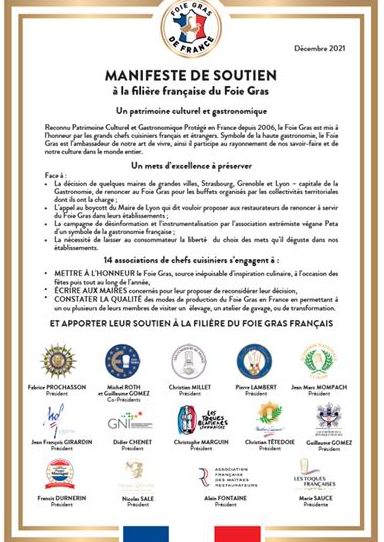 Quatorze associations de Chefs avocats du foie gras