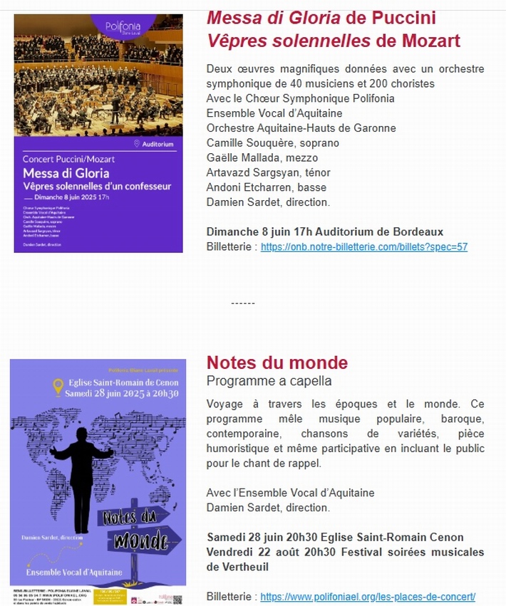 Deux concerts de fin de saison à Polifonia